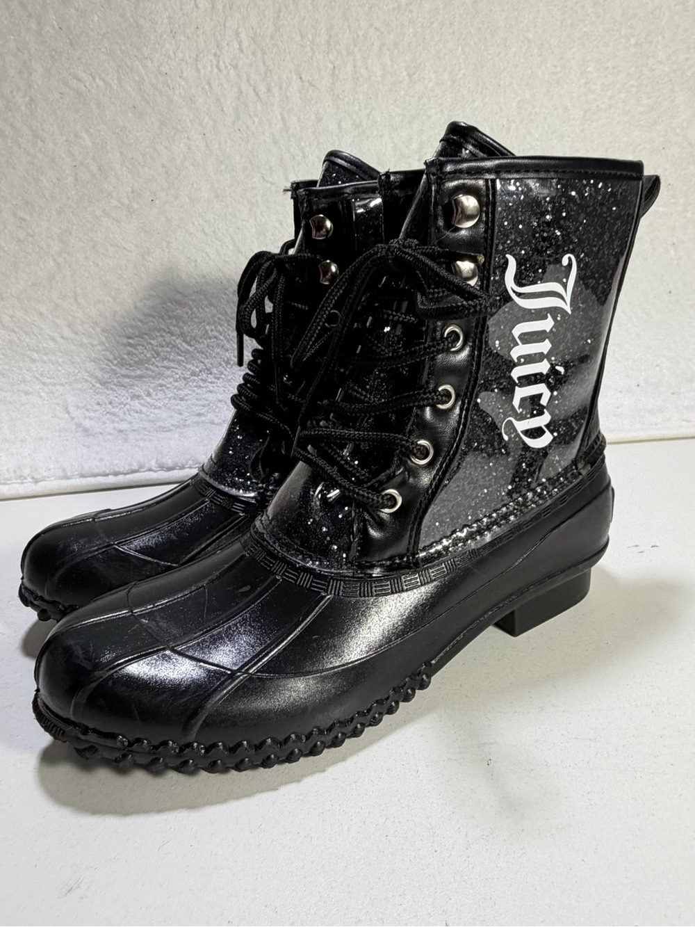 Juicy Couture Talos Glitter Lace Up Duck Rain Boots Black Womens 6